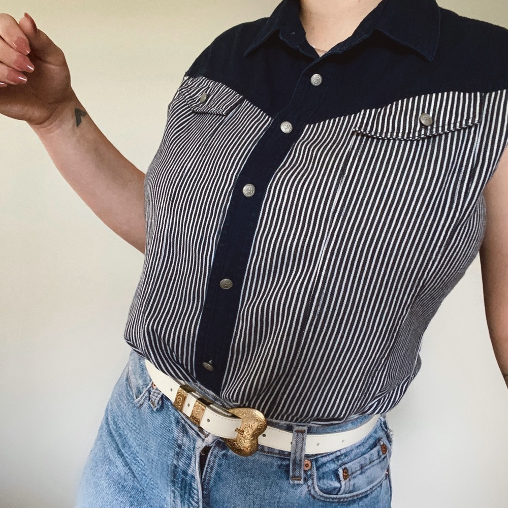 Wrangler Navy and White Striped Sleeveless Western Tank